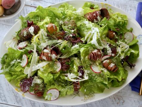 Big Green Salad with Tiny Hasselback Potatoes and Horseradish Dressing