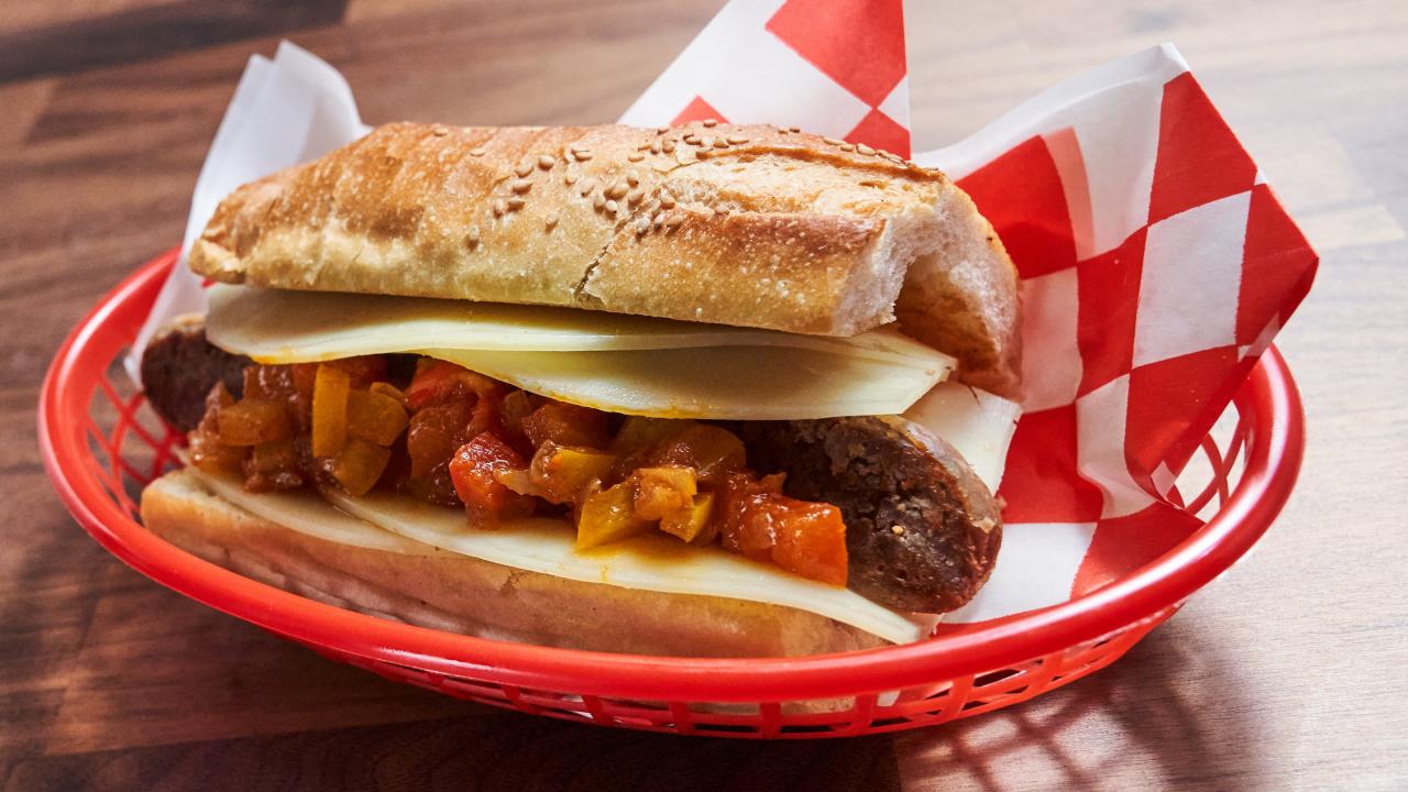 Pork and Red Wine Fennel Sausage Sandwich with Peperonata and Provolone