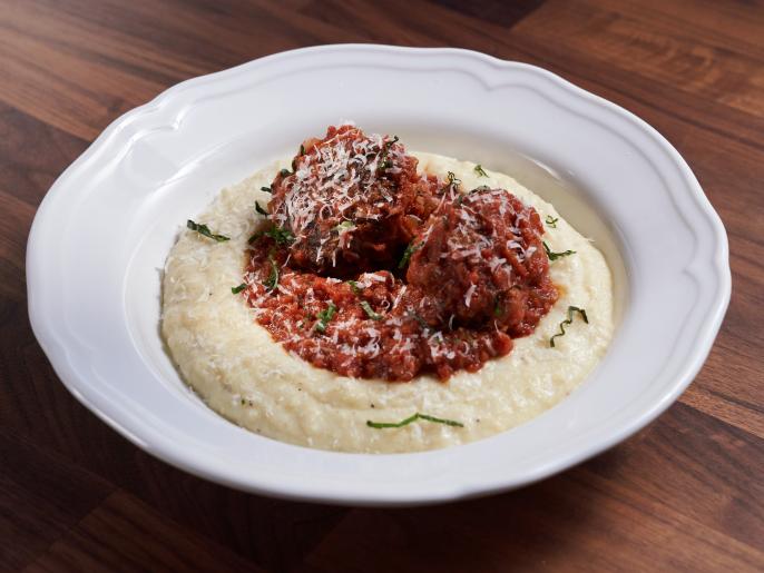 Meatballs with Gravy Over Creamy Polenta Recipe Jeff Mauro Food Network