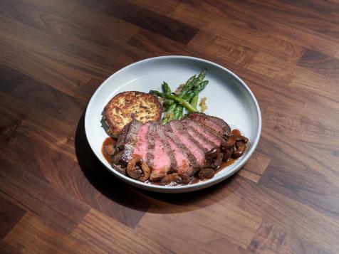 Spice Rubbed Flat Iron with Red Wine-Mushroom Sauce, Crispy Potato Cakes and Asparagus