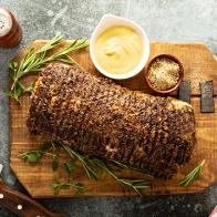 Roasted pork loin with a spicy rub and mustard sauce