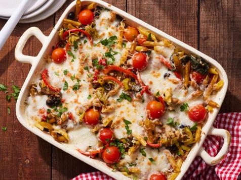 Baked Penne with Cottage Cheese, Eggplant and Salami