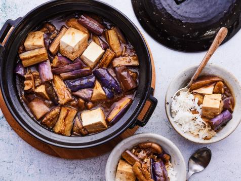 Braised Eggplant with Tofu and Shiitake Mushrooms in a Clay Pot