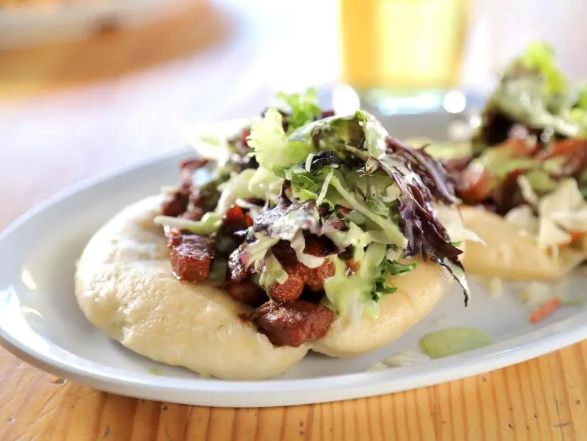 Bao Wow Sandwich, as served by High Camp, located in Sisters, Oregon, as seen on Diners, Drive-Ins and Dives, season 37.