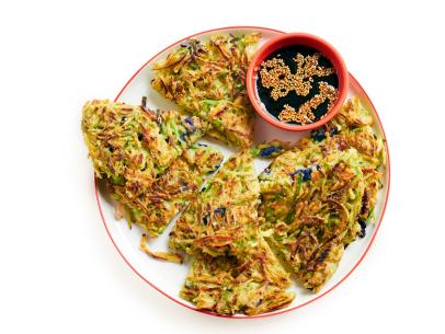 BROCCOLI SLAW PANCAKES WITH SOY-SESAME DIPPING SAUCE.