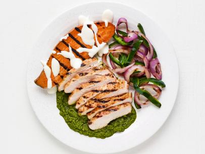 GRILLED TOMATILLO CHICKEN WITH SWEET POTATOES.