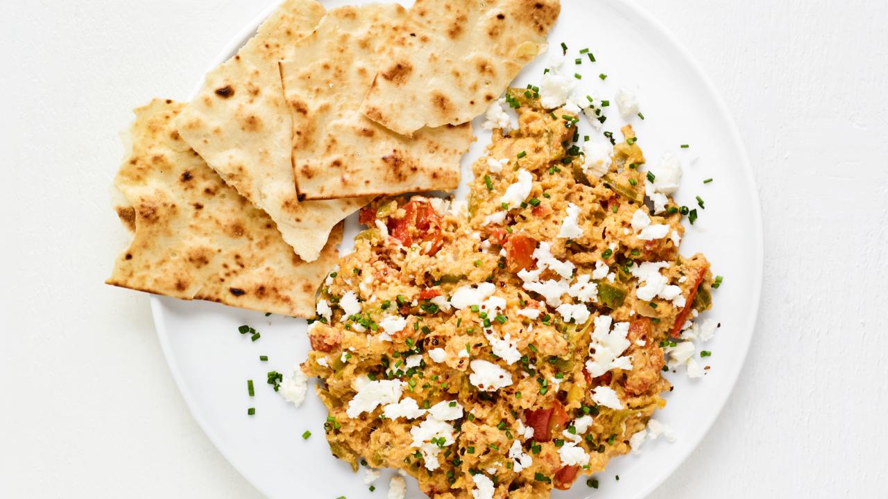 Olive Oil Scrambled Eggs with Feta and Tomatoes - Bowl of Delicious