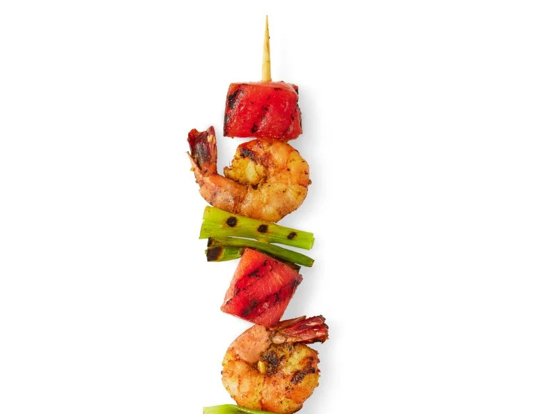 Grilled Shrimp-Watermelon Kebabs. Seafood, shellfish.