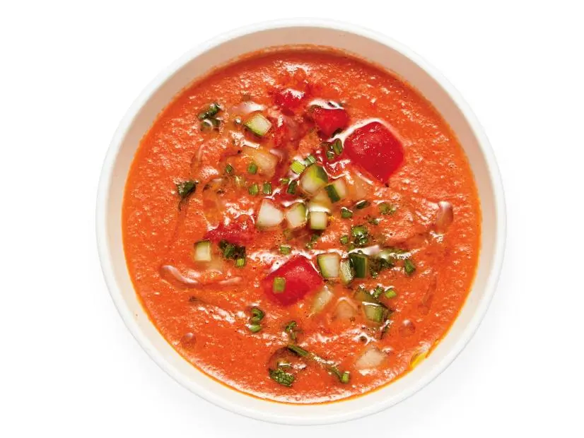 Watermelon Gazpacho with Shrimp. Seafood, shellfish, soup.