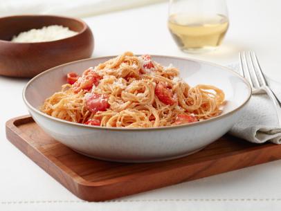 Alex Guarnaschelli's Blushing Angel Hair Pasta for the Noodle Mania episode of The Kitchen, as seen on Food Network.