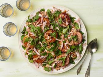 Bobby Flay's Roasted Peaches with City Ham, Wild Arugula, Burrata and Sorghum Vinaigrette for the Preaking Out episode of Brunch @ Bobby's, as seen on Food Network.