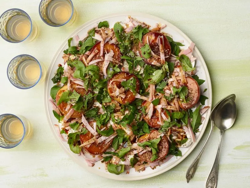 Bobby Flay's Roasted Peaches with City Ham, Wild Arugula, Burrata and Sorghum Vinaigrette for the Preaking Out episode of Brunch @ Bobby's, as seen on Food Network.