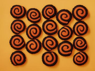 Black-and-Orange Pinwheel Cookies.