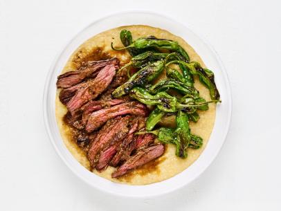 Steak with Shishitos and Double Corn Grits.
