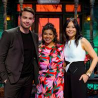 Host Jonathan Bennett with Judges Aarti Sequeira and Shinmin Li, as seen on Halloween Wars, Season 13.