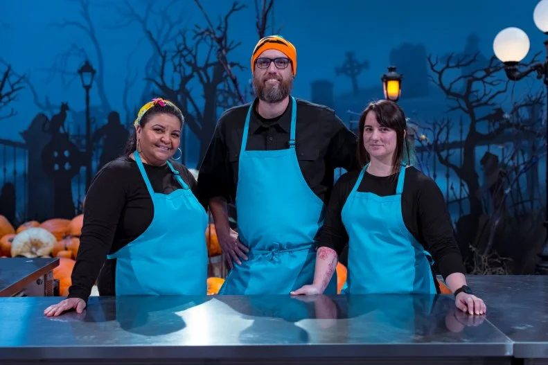 Team SUGAR SPIRITS, featuring Contestants Titus Arensberg, Victoria Pena, Maythe Del Angel, as seen on Halloween Wars, Season 13.