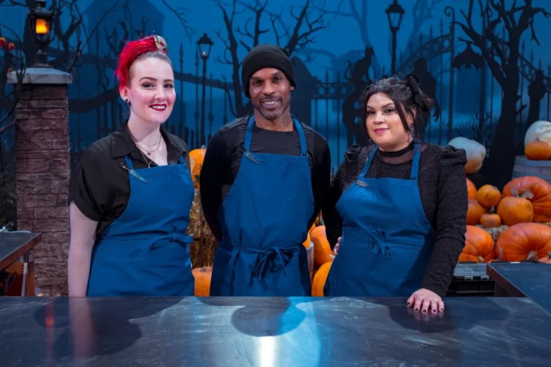Team Pumpkin Posse, featuring Contestants Emerlie Ann Miller, Oba Rhodes Jordan and Tisha Frank, as seen on Halloween Wars, Season 13.