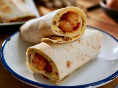 Beauty shot of Molly Yeh's Chorizo and Tot Breakfast Burritos, as seen on Girl Meets Farm Season 13