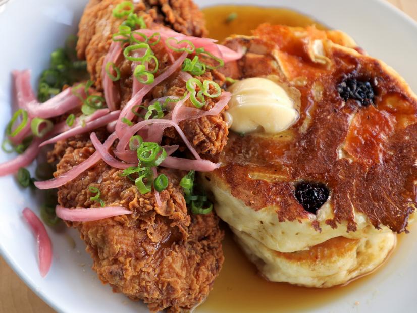 Sweet Tea Chicken with Blackberry Brie Pancakes, as served at Dirty Birds, located in Omaha, Nebraska - as seen on Food Network's Diners Drive-Ins and Dives, Season 38