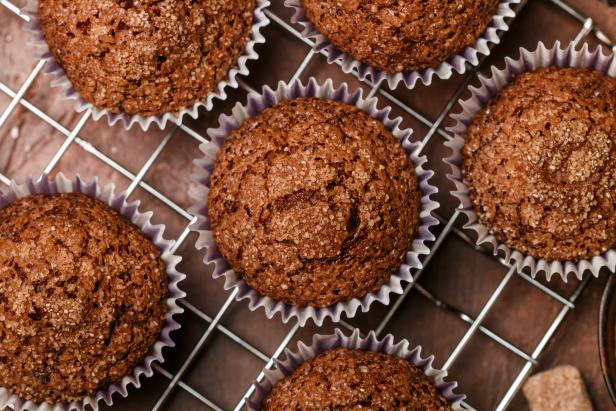 Chocolate muffins with Demerara sugar and cinnamon close-up. Selective focus