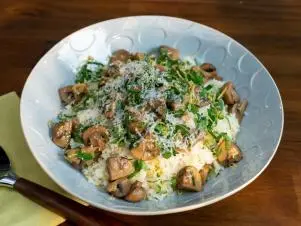 Host Franco Noriega's Jasmine Rice with Mushroom Confit dish, as seen on Hot Dish with Franco, Season 1. 