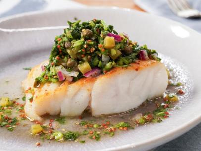 Alex Guarnaschelli's Fish with Salsa Verde  Beauty, as seen on The Kitchen, Season 35.