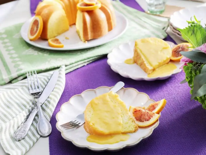 Kardea's Southern Sour Cream Pound Cake with Blood Orange Slices and Blood Orange Curd.