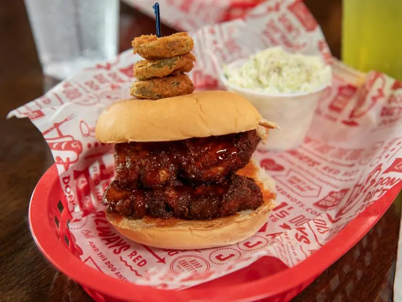 Kasekrainer w/ Onion Rings as served by JJ’s Red Hots, located in Charlotte, North Carolina, as seen on Food Network’s Triple-D Nation, Season 5