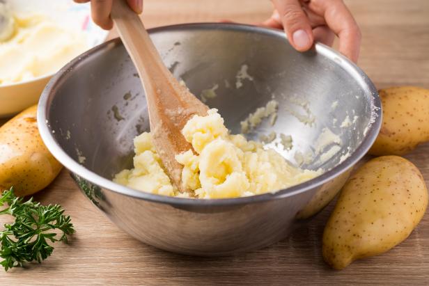 Mashed potato cooking in bowl, Homemade food