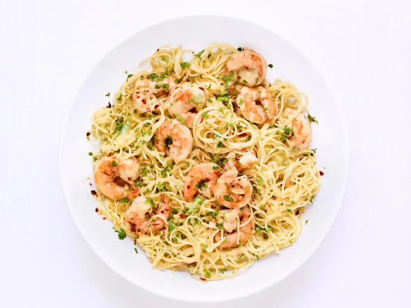 ANGEL HAIR PASTA WITH GARLIC SHRIMP. Seafood, shellfish.
