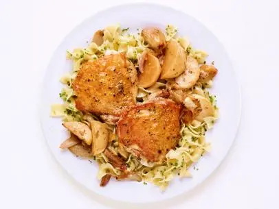 CIDER-BRAISED CHICKEN THIGHS. Noodles.