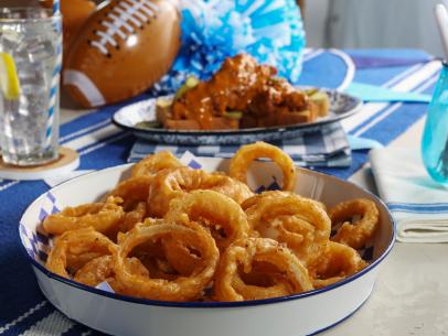 Kardea Brown's Colossal Onion Rings, prepared for serving, as seen on Delicious Miss Brown, Season 9.
