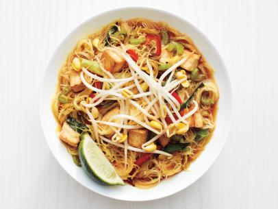 SINGAPORE-STYLE NOODLES WITH TOFU. thin rice noodles\, bean sprouts.