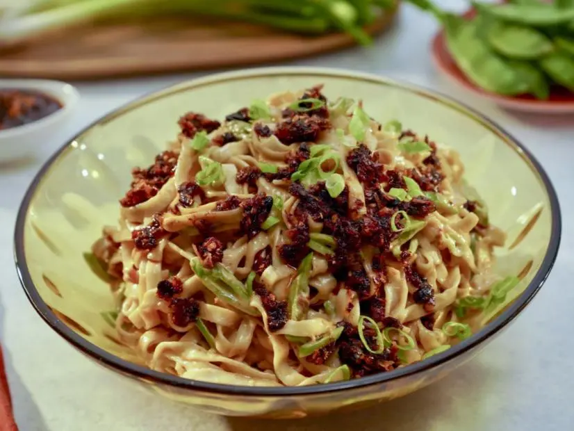 Beauty shot of Molly Yeh's Long Noodle Pasta Salad with Chili Crisp, as seen on Girl Meets Farm Season 14