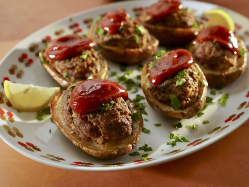 Beauty shot of Moll Yeh's Meaty Twice Baked Potatoes, as seen on Girl Meets Farm Season 14