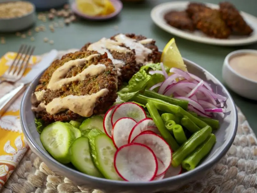 Beauty shot of Moll Yeh's Squash Falafel with Chipotle Ranch, as seen on Girl Meets Farm Season 14