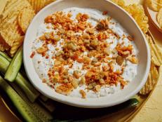This dip has the same pickle flavor and crispy crunch without deep frying! And since both the dip and topping are laced with ranch seasoning, you get the perfect ranch-y flavor in every bite. Serve with cucumber spears and wavy potato chips for dipping.