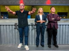 Hosts Michael Symon, Esther Choi and Judge Jet Tila, as seen on 24 in 24: Last Chef Standing, Season 1.