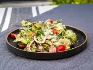 Grilled Avocado Salad with Cranch Dressing, as seen on Food Network's Symon's Dinners Cooking Out, Season 5.