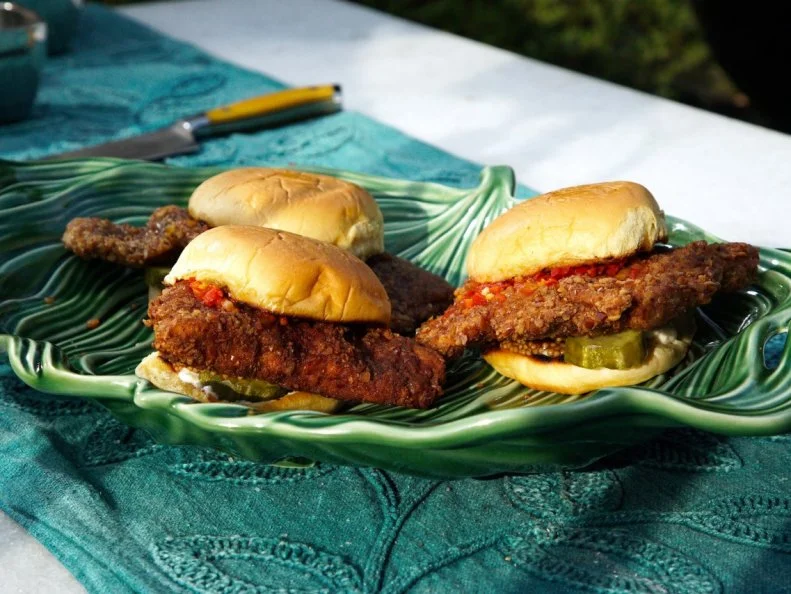 Pretzel Fried Pork Sandwiches, as seen on Food Network's Symon's Dinners Cooking Out, Season 5.