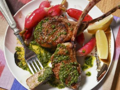 Geoffrey Zakarian's Grilled Lamb Chops with a Vibrant Green Salsa Verde and Butter Roasted Radishes  Beauty, as seen on The Kitchen, Season 36.