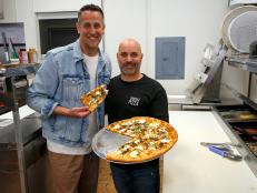 Noah Cappe with chef-owner John Fuoco tasting the Blakely Pizza at Francesca's Pizza in Port St. Lucie, FL, as seen on Food Network's Best Bite in Town; Pilot episode.