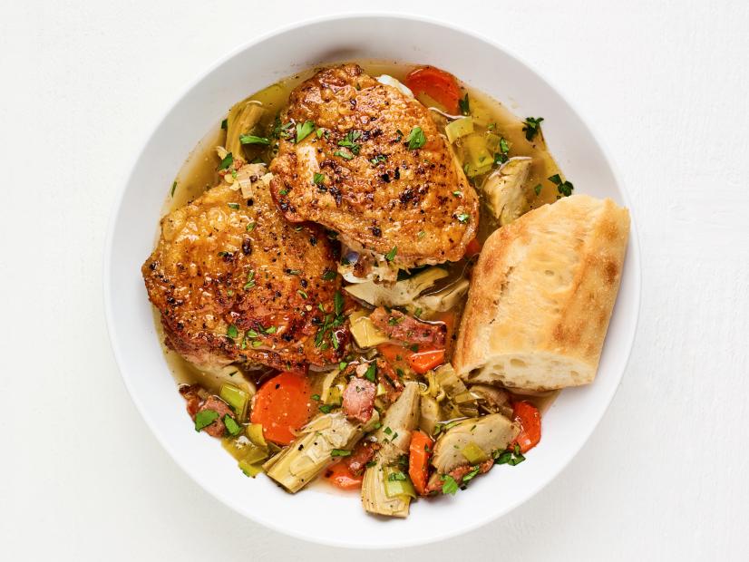 Crispy Chicken Thighs with Artichokes.