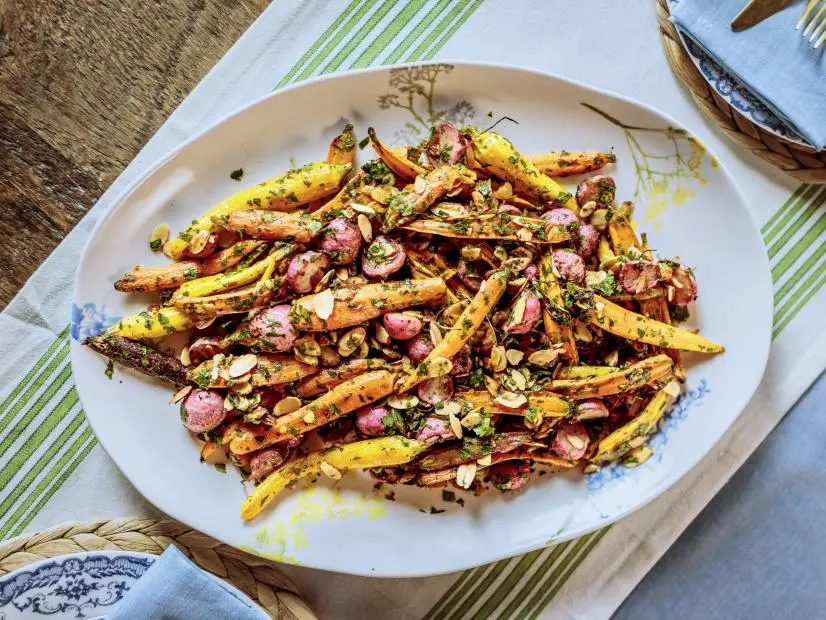 Close-up of Herby Roasted Carrots and Radishes, as seen on The Pioneer Woman, Season 36