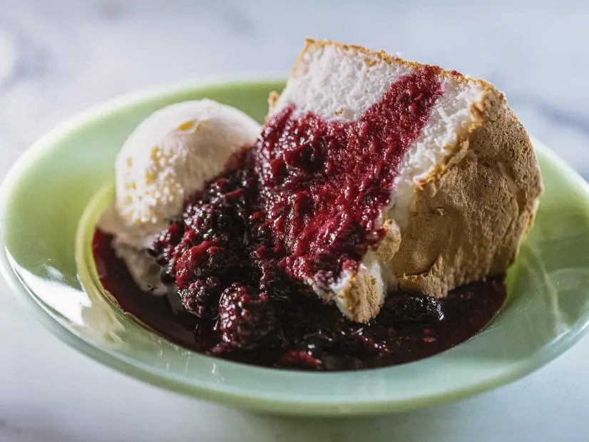 Close-up of Angel Food Cake with Rose Berries