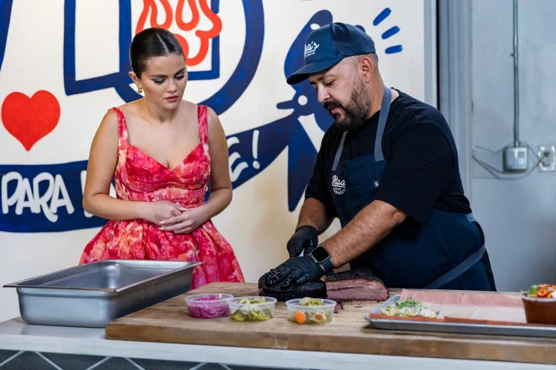 Host Selena Gomez and Chef Andrew Munoz, as seen on Selena + Restaurant, Season 1.