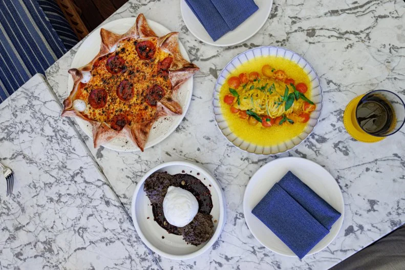 Chef Chef Marcel Vigneron's Dish "Lemon Pasta, Salumi Espresso Star Pizza and Full Moon Coconut Dessert", as seen on Selena + Restaurant, Season 1.