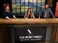 Judges Scott Conant, Alex Guarnaschelli and Gabe Bertaccini watch the chefs cook during round three, as seen on Chopped: Battle Italiano, Season 58.