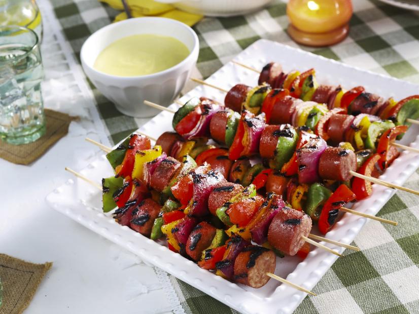 Kardea Brown's Grilled Kielbasa Kebabs with Spicy Mustard Dipping Sauce.