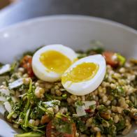 Close-up of Charlie Birds Farro Salad with Jammy Eggs
